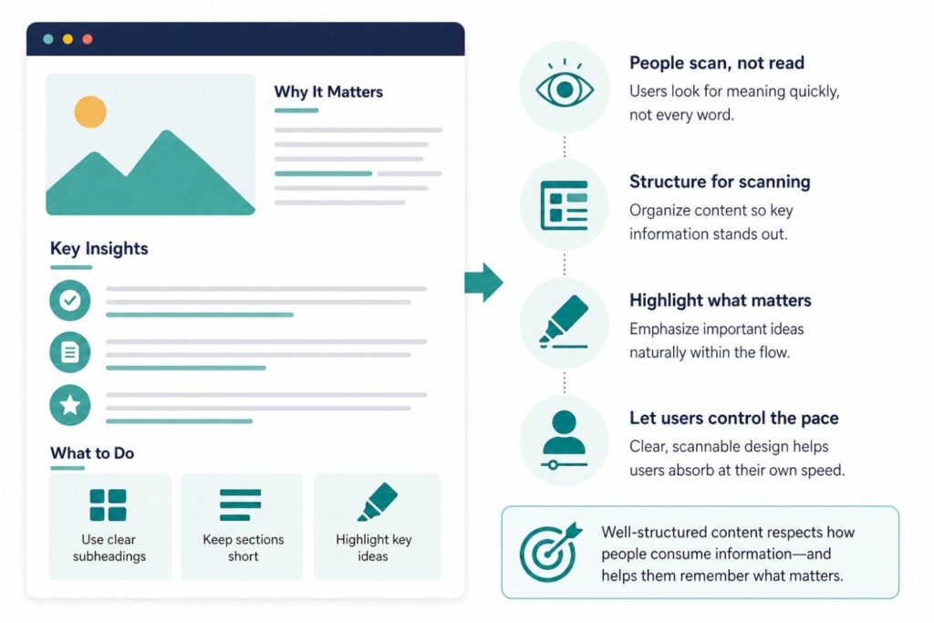 An infographic illustration describing the value of right way to design content for readers' content scanning behavior. 