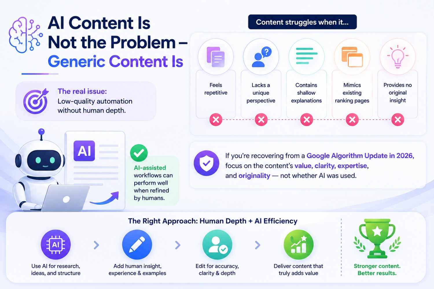 An infographic image explaining AI content is not a problem, but generic content is.