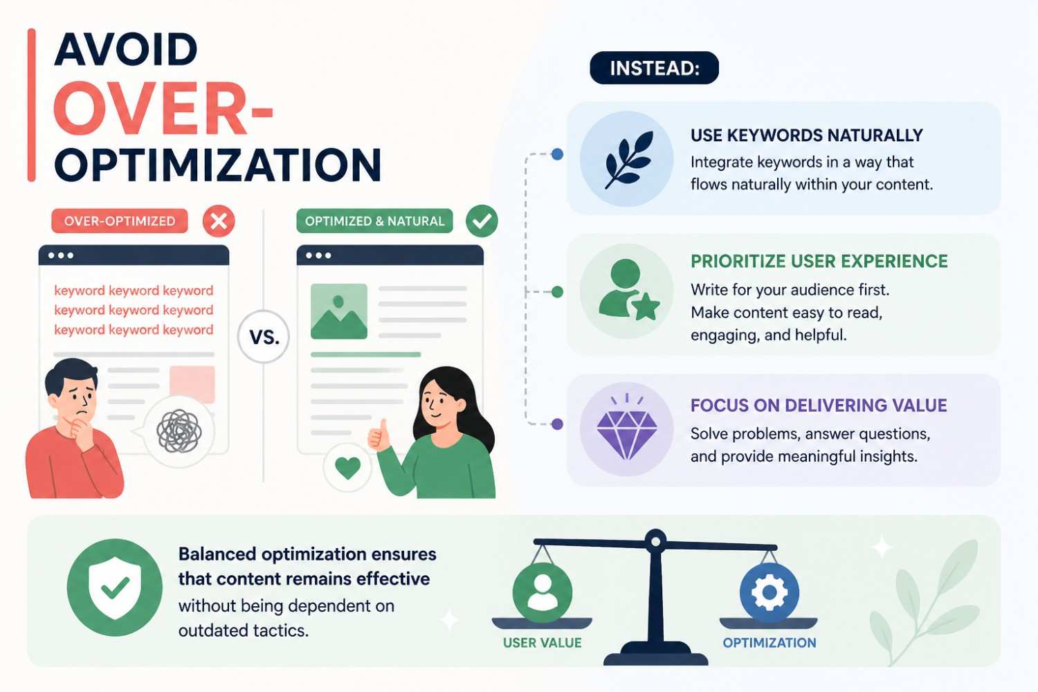 An infographic image describing the importance of maintaining balance of user value and SEO optimization in content